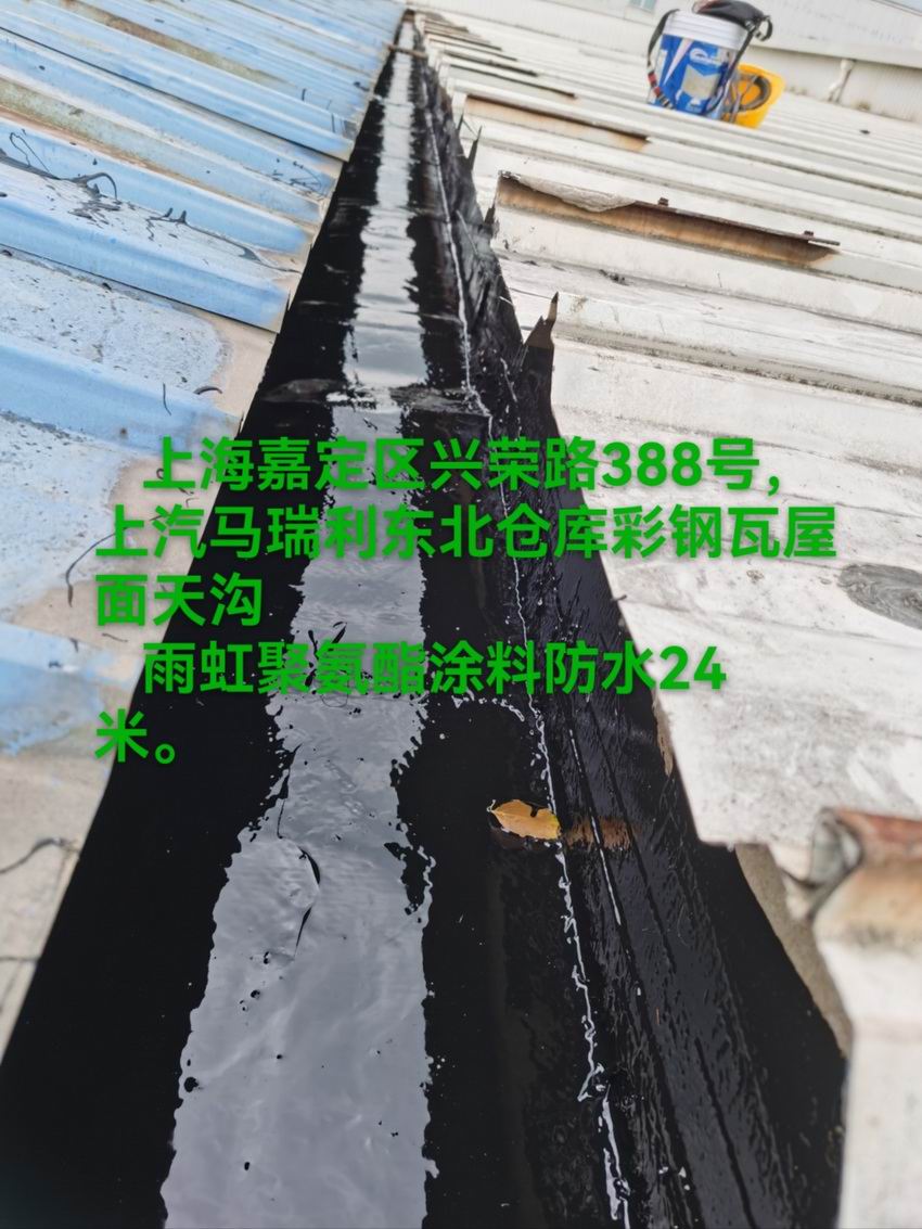 上海嘉定区兴荣路388号上汽马瑞利东北仓库彩钢瓦屋面天沟雨虹聚氢,涂料防水24